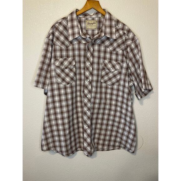Wrangler Western Shirts Men's Brown & Cream Plaid Short Sleeve Button Up 3XL - Picture 9 of 11